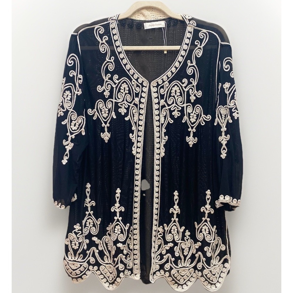 Simply Couture Black Sheer Embroidered Open Dark Fairy Kimono Coverup Boho